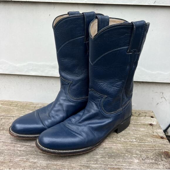 Vintage 90s Justin Roper Navy Blue Cowgirl Western Pull On Leather Boots 6 1/2B - Picture 3 of 6